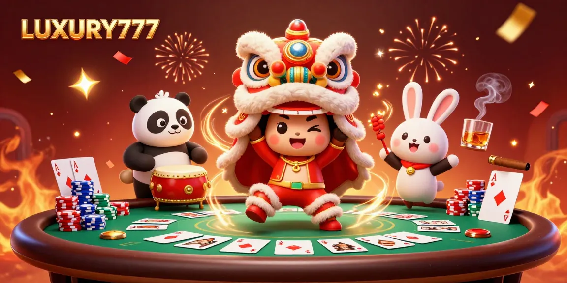 Menyenangkan dengan LUXURY777, ilustrasi kasino 3D dengan karakter yang bersenang-senang dan elemen kasino yang meriah.