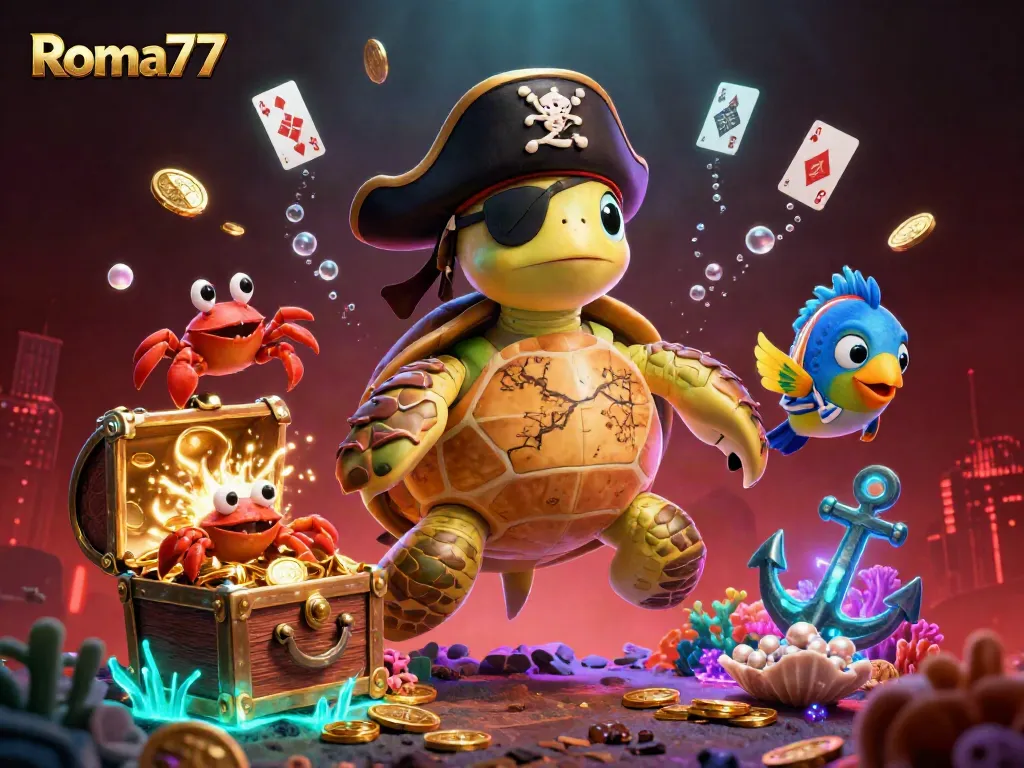 Experience thrilling gameplay with Roma77 as lively characters float above treasures in a vibrant underwater scene.