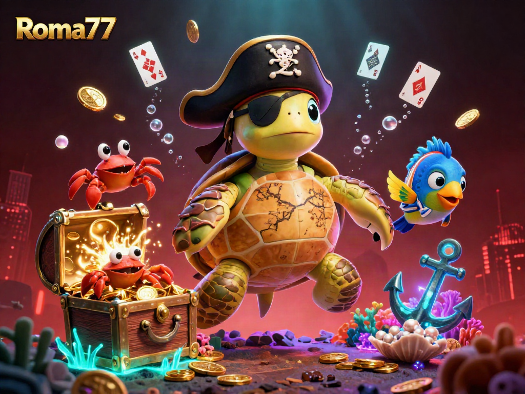 Experience thrilling gameplay with Roma77 as lively characters float above treasures in a vibrant underwater scene.