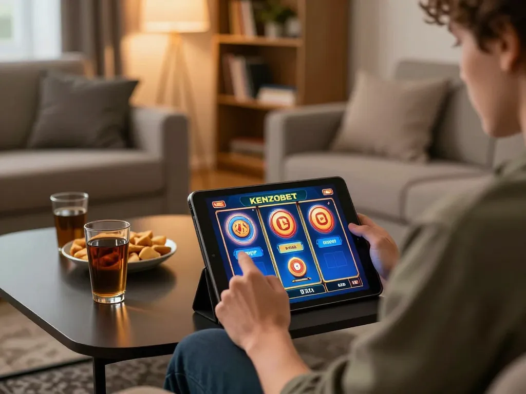 Engaging interaction with KENZOBET online slots, cozy home atmosphere with snacks.