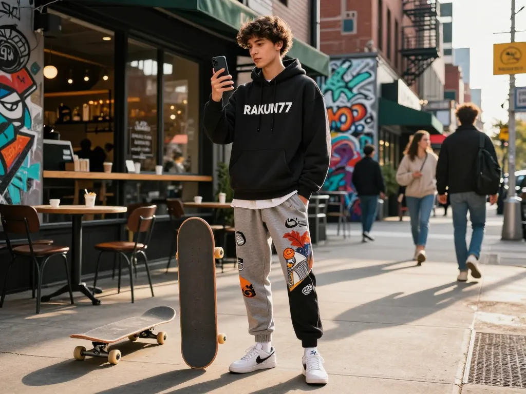 Dynamic street fashion moment featuring RAKUN77 hoodie and young individual amidst urban vibes.