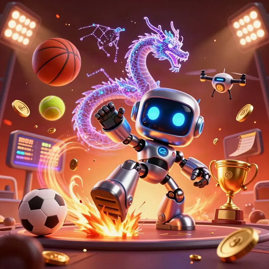 Maskot robot cyberpunk, naga hologram, drone koin, bola dan emas melayang di arena gelap.