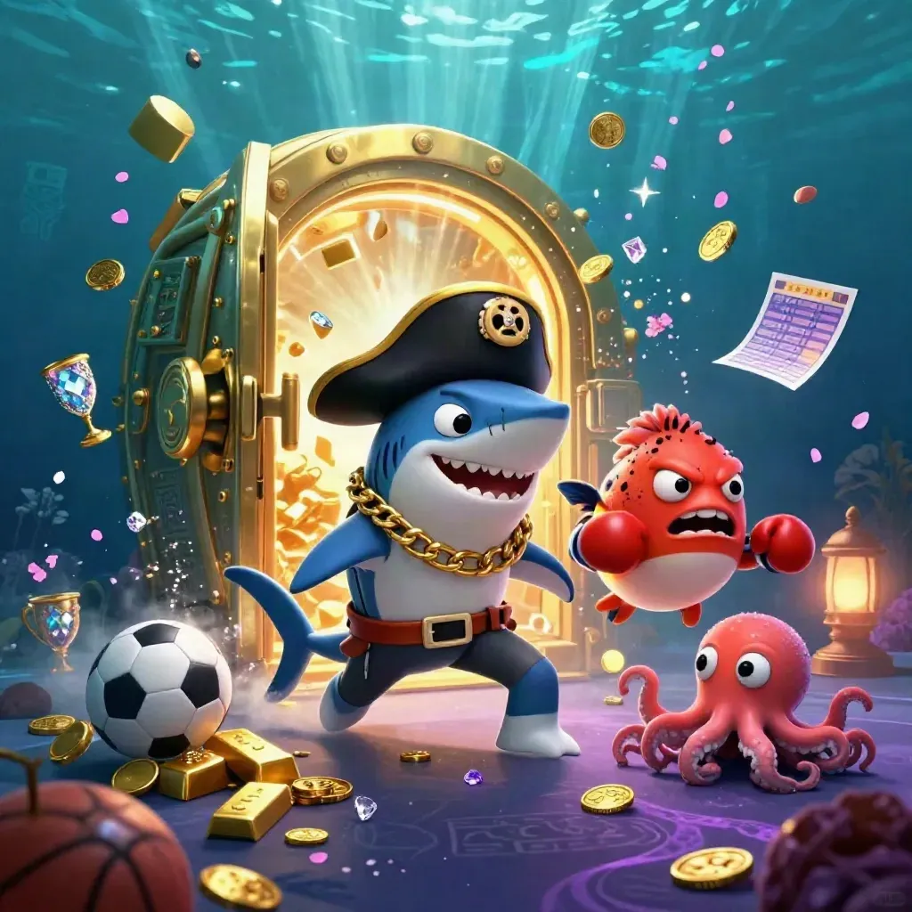 Shark bajak laut, ikan buntal, dan gurita bayi di bawah laut dengan harta emas.