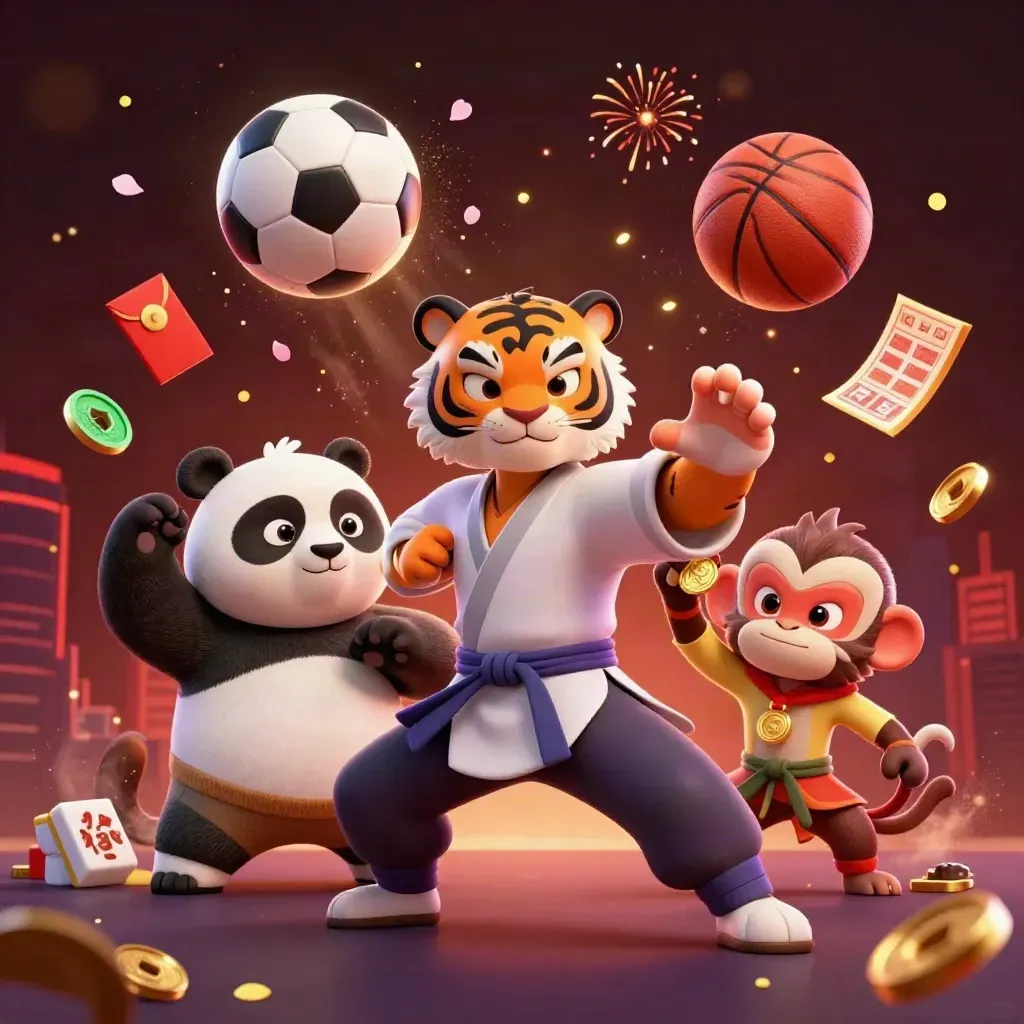 Harimau kung-fu, panda, dan monyet di tengah bola, koin giok, dan lampion kasino
