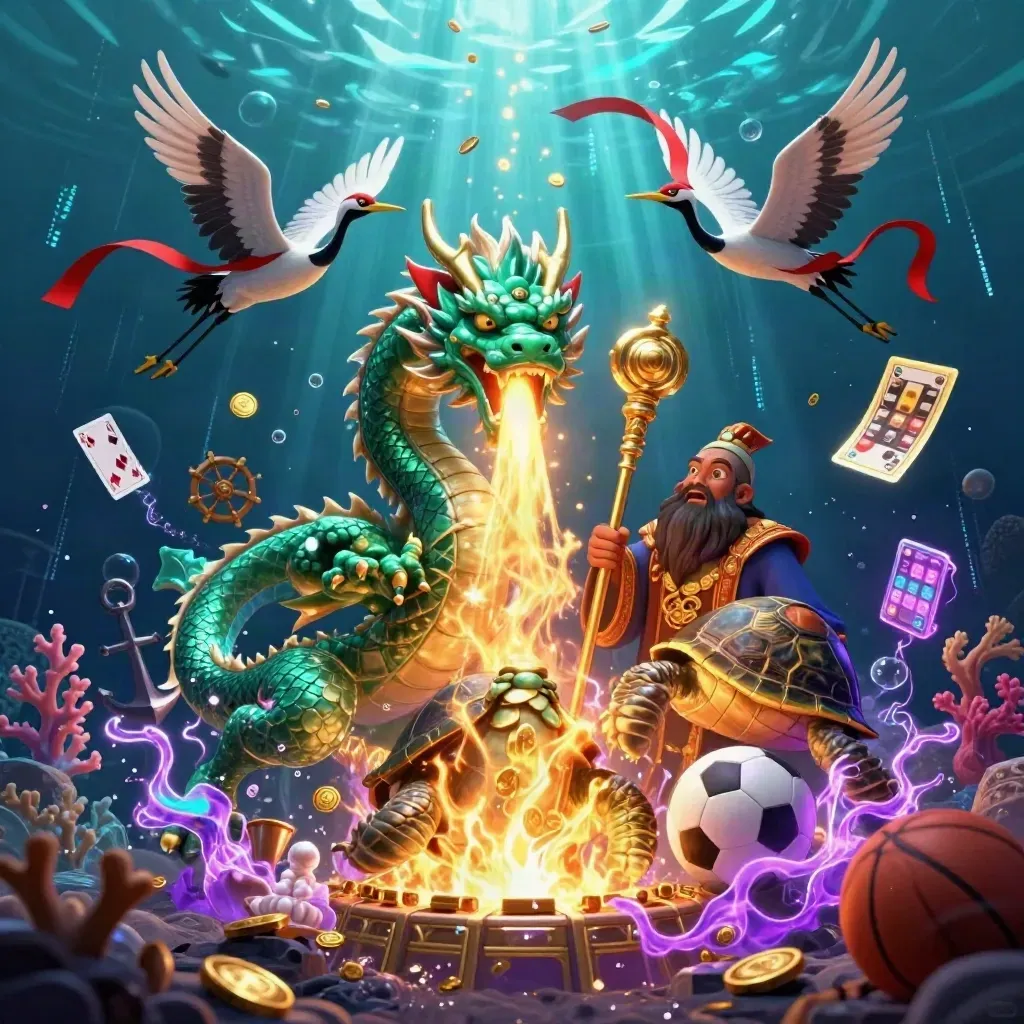 Naga zamrud, kura bijak, dan dua bangau di bawah laut dengan koin, bola, dan kilau emas.