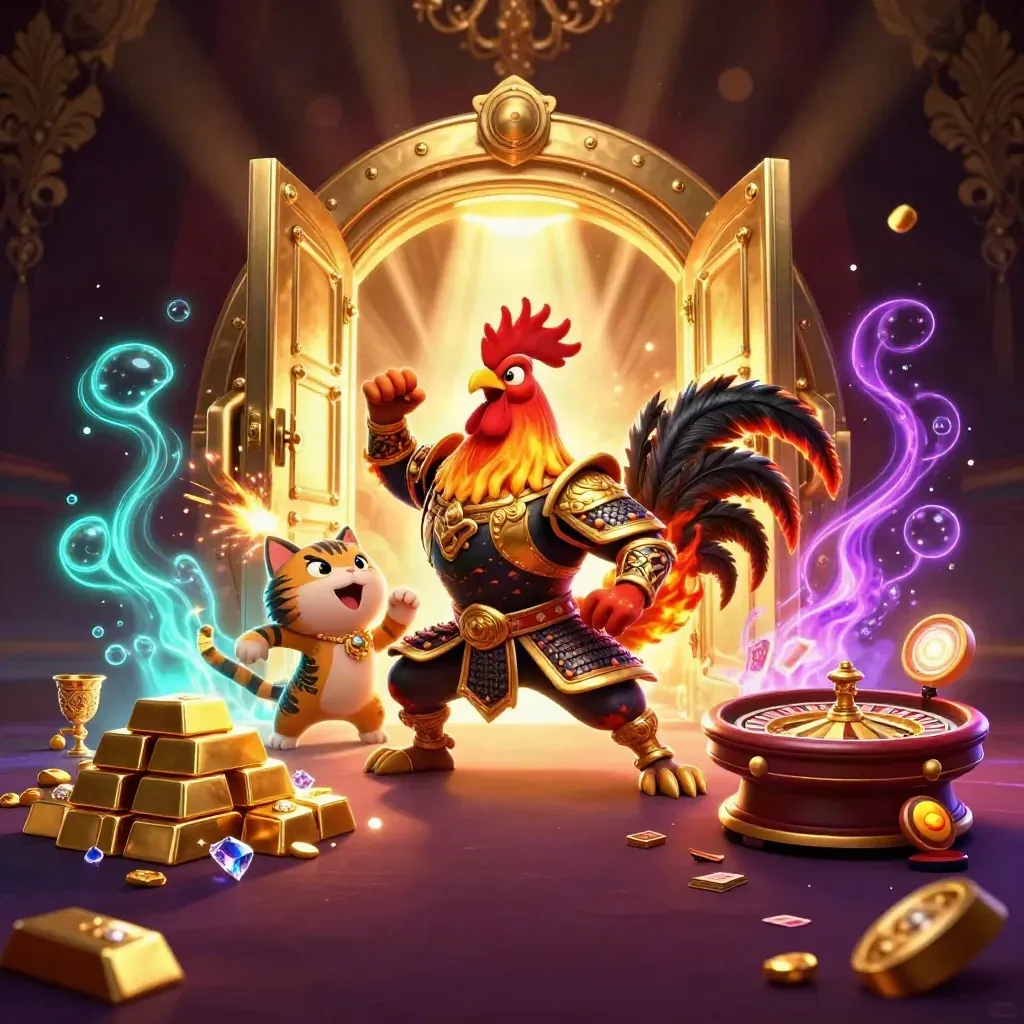 Ayam samurai, naga kecil, dan kucing keberuntungan di ruang kasino emas mewah.