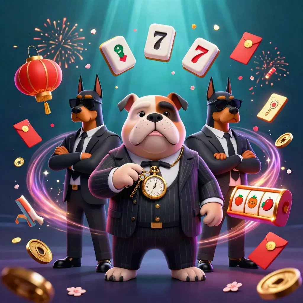 Bulldog mafia kartun dengan dua Doberman, koin dan mahjong meledak di latar laut gelap mewah.