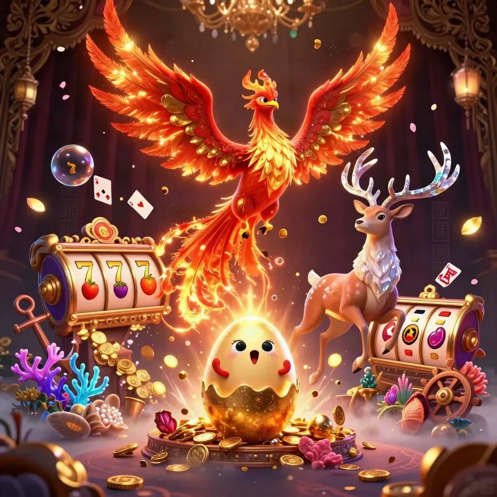 Phoenix, anak phoenix, dan rusa kristal di ledakan harta kasino mitologis.