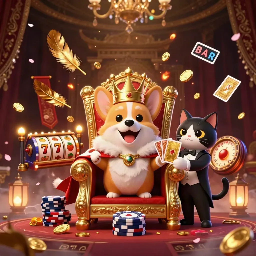 Korgi raja dan butler kucing di singgasana chip, dikelilingi koin, petal, dan kilau emas.
