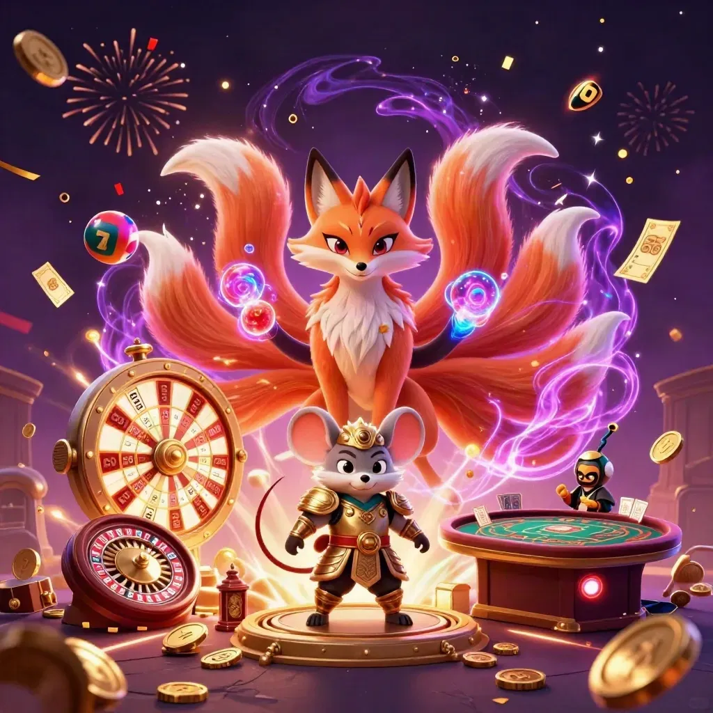 Rubah roh sembilan ekor dan tikus samurai emas dikelilingi koin, hadiah, dan efek kasino mewah.