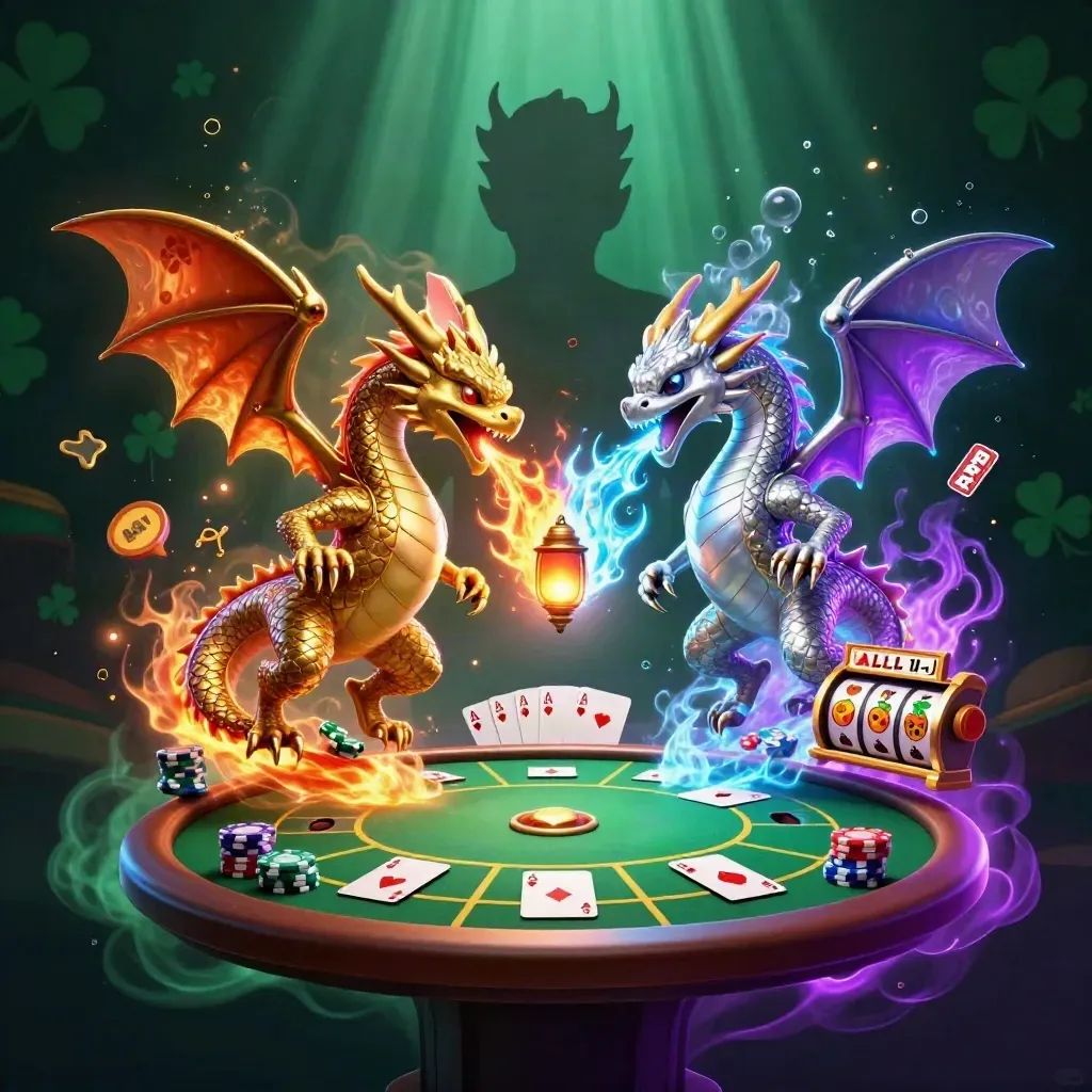 Dua naga emas dan perak melingkar dengan api dan es, dikelilingi meja poker dan simbol slot.
