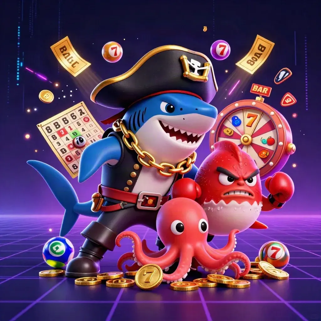 Hiu bajak laut 3D, ikan buntal marah, gurita bayi, bola lotto, roda hadiah di latar neon gelap.