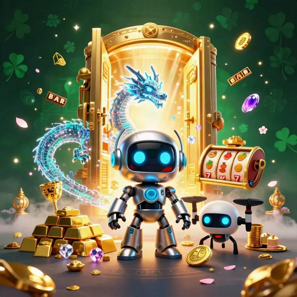 Robot cyberpunk, naga hologram, dan drone koin di depan pintu harta emas