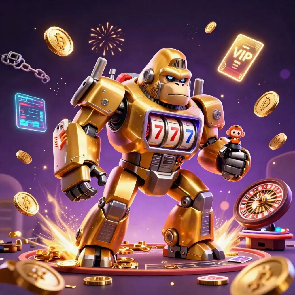 Gorila mech emas dan monyet pilot dikelilingi koin, petir, roda roulette, suasana kasino mewah gelap.