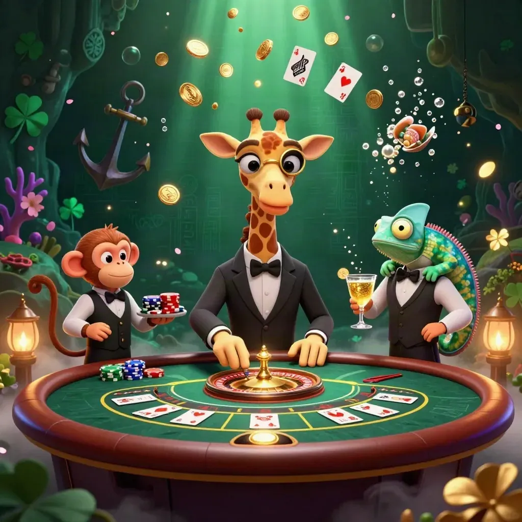 Giraffe kasino, monyet valet, dan bunglon bartender dikelilingi koin emas dan aura mistis.