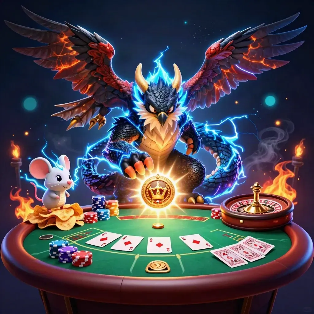 Naga petir, elang, dan tikus bonus kasino di antara chip, kartu, dan roda roulette bercahaya.