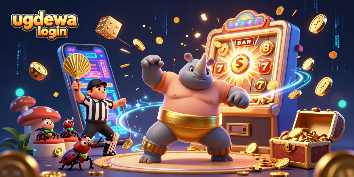 Experience the thrill of ugdewa login with a vibrant casino scene featuring a sumo champion beetle and jackpot explosions.
