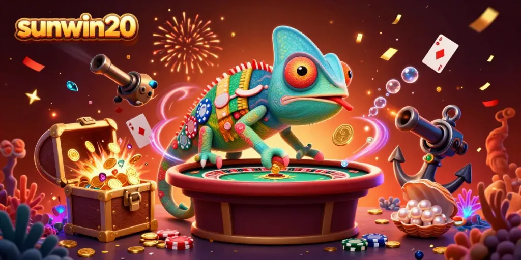 Engage with sunwin20, exploring the vibrant casino scene featuring a chameleon casino owner amid festive gaming elements.
