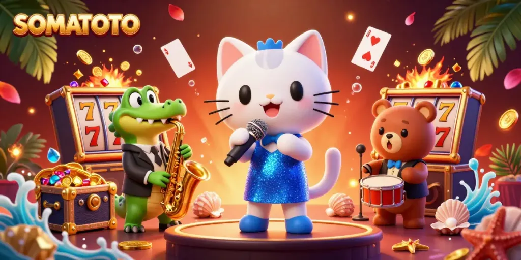 SOMATOTO showcases a lively casino scene with a jazz-singer cat, a crocodile, and a bear cub amidst vibrant slot reels and treasures.