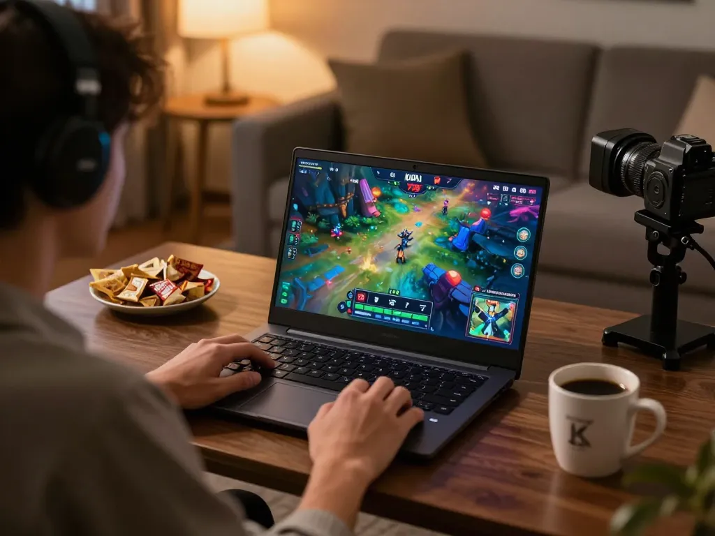 KADAL 778 player strategizing online gaming on a laptop in a cozy home setting.