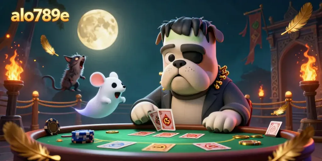 Experience thrilling card games at the spooky casino with alo789e, featuring dynamic characters and rich casino elements.
