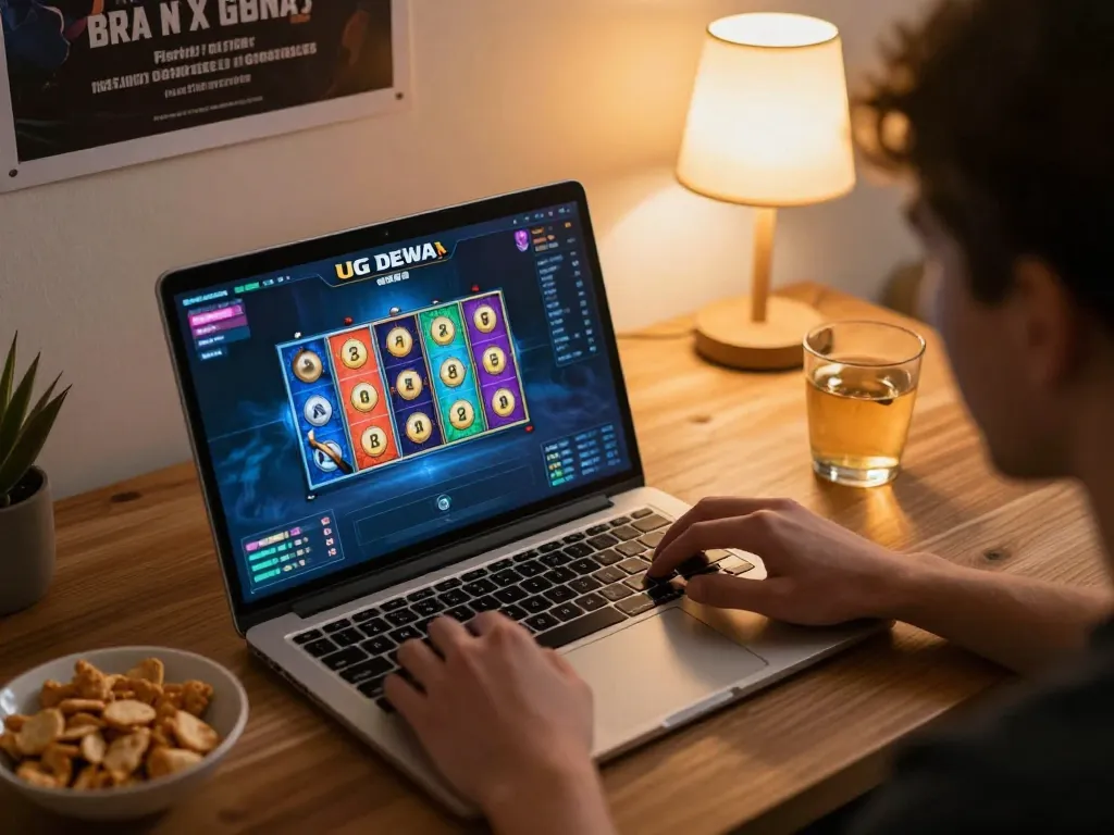 View of a player engaged in slot gameplay on the UG DEWA platform on a laptop, cozy home setting with snacks.