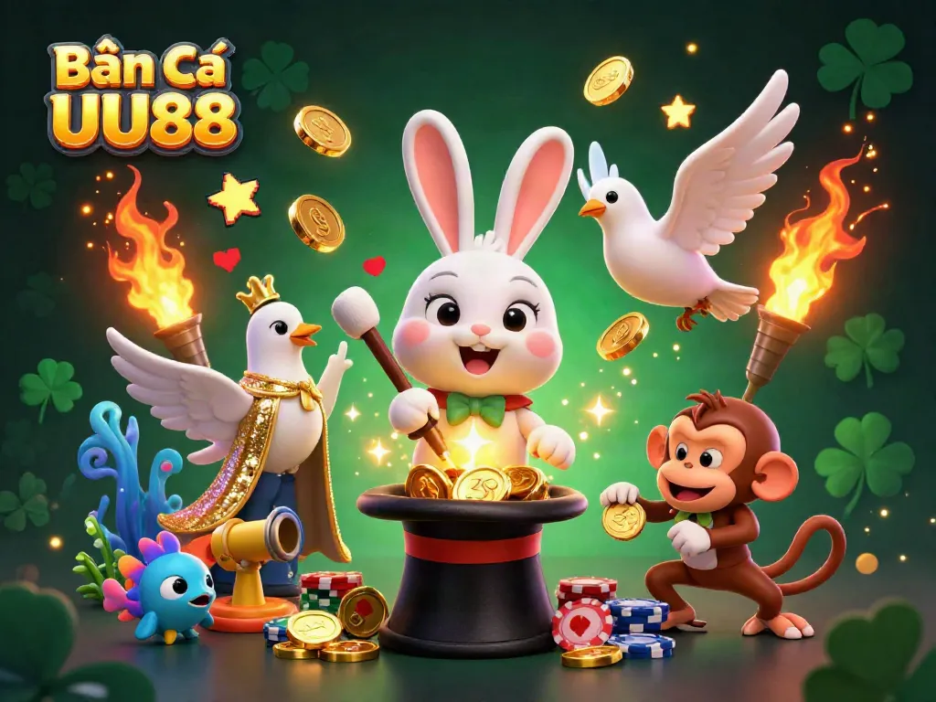 Bắn cá UU88 showcases a magical rabbit, dove, and monkey amid vibrant fish shooting game elements.