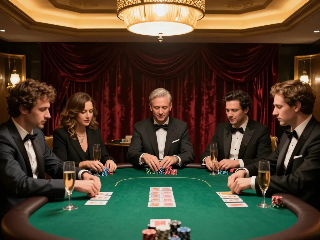 qq alfa poker players celebrating a win in an upscale game room setting surrounded by luxurious décor