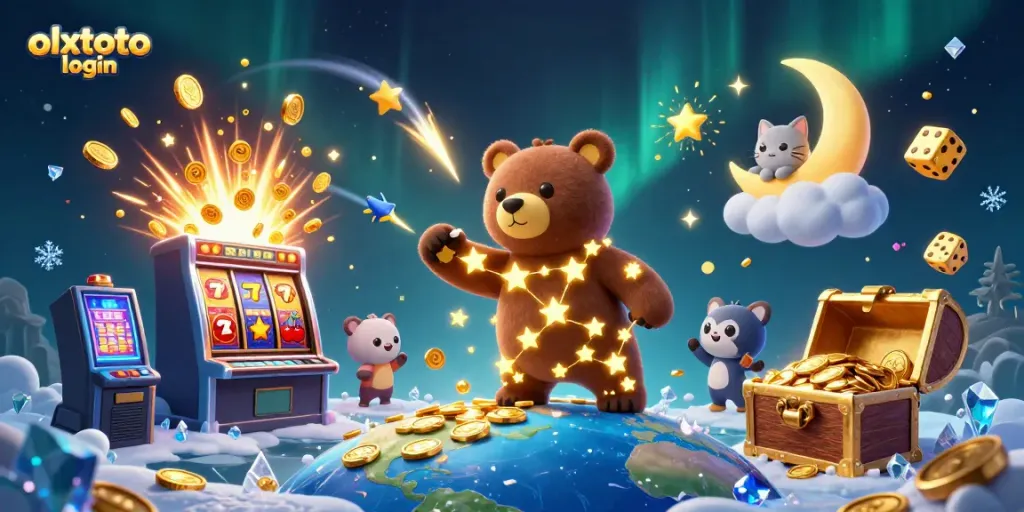 Experience the excitement of olxtoto login with a vibrant 3D scene filled with animated casino elements.