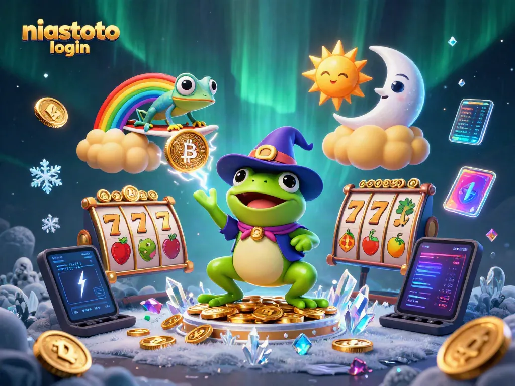 Ilustrasi 3D niastoto login dengan karakter menarik dalam suasana kasino yang memukau.