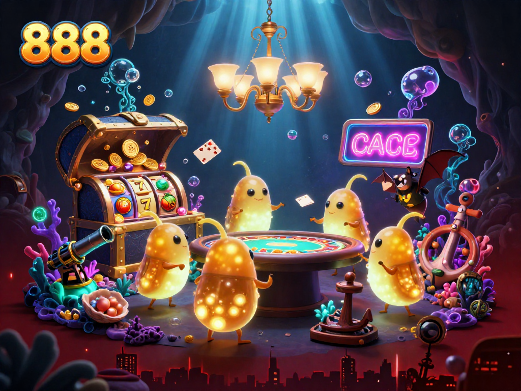 Experience thrilling gameplay at 888 with our lively casino scene full of slots and bioluminescent charm.