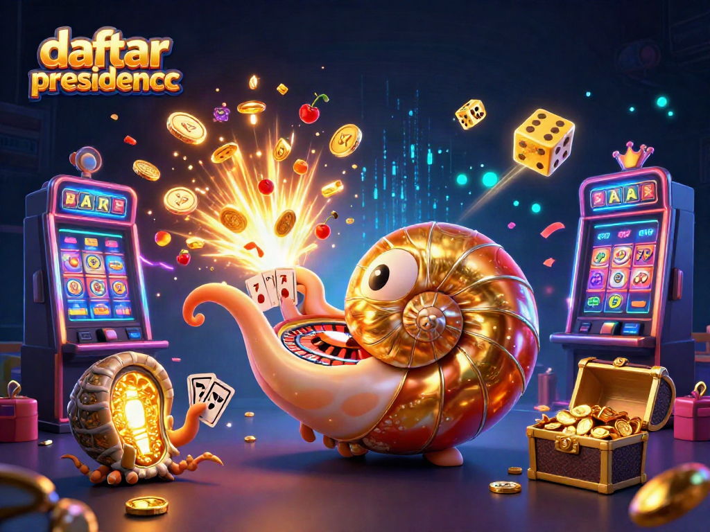 Experience thrilling wins at daftar presidencc with a vibrant scene featuring a giant nautilus roulette and slot machines.