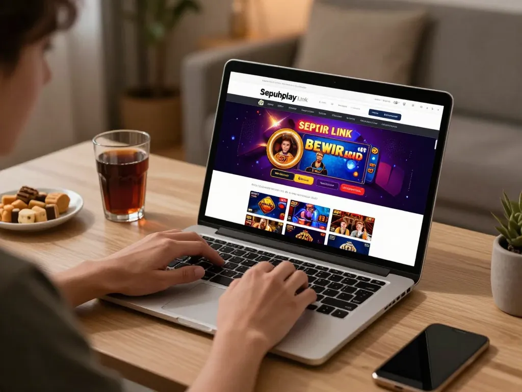 Pengalaman bermain game daring yang menarik menggunakan Tautan Sepuhplay, menampilkan antarmuka permainan yang cerah dan kebiasaan bertanggung jawab.