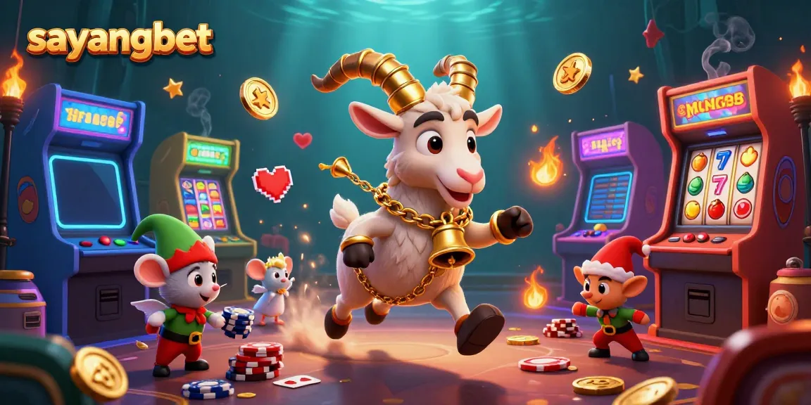 Engage your luck at sayangbet with a whimsical holiday-horror casino scene featuring a Krampus goat and mischievous elves.