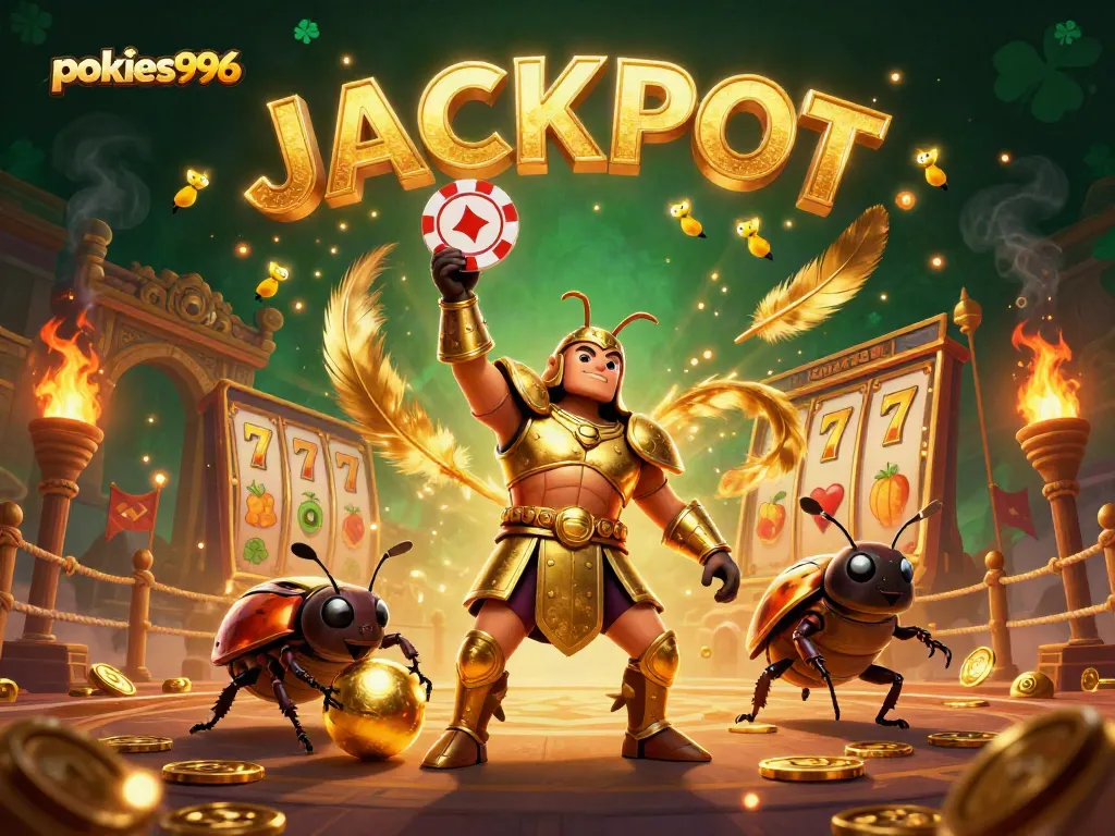 Experience pokies996 excitement with a victorious beetle lifting a poker chip amidst jackpot elements.