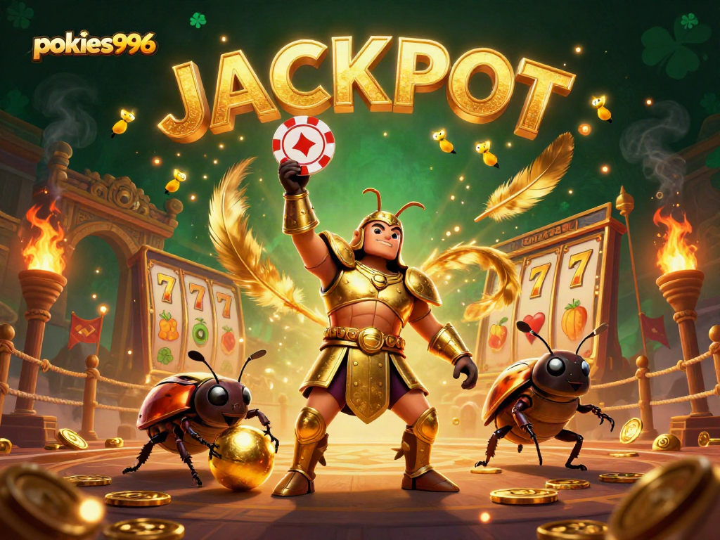 Experience pokies996 excitement with a victorious beetle lifting a poker chip amidst jackpot elements.