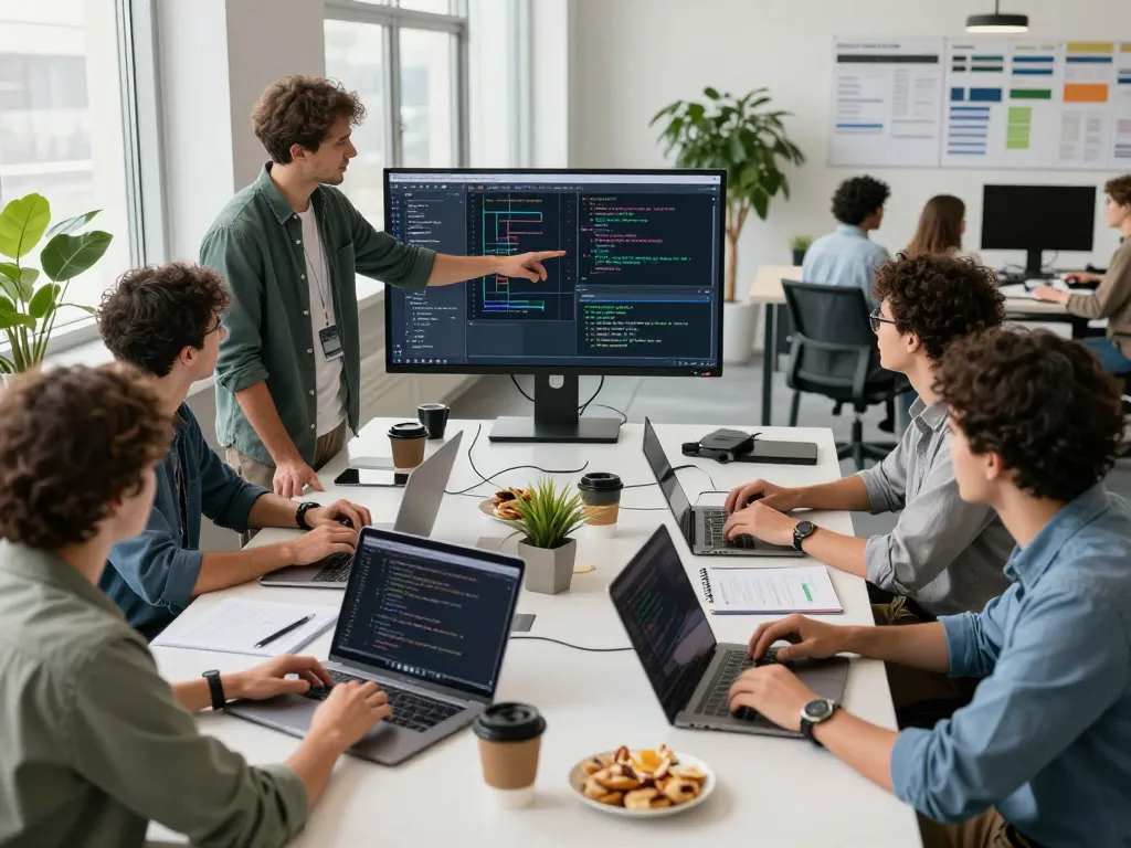 Team collaboration in a modern tech workspace with crush ai software development in focus.