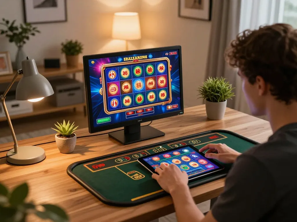 Player enjoying engaging casino games on a tablet at home, highlighting the strategic experience at 78win.