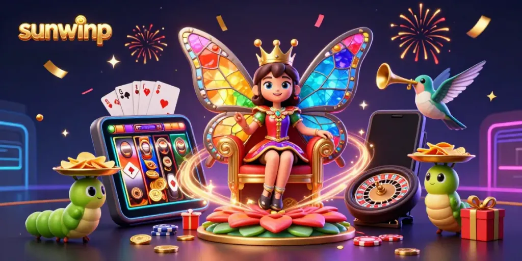 Experience the excitement of sunwinp with a vibrant 3D casino scene featuring a butterfly queen, games, and celebration.