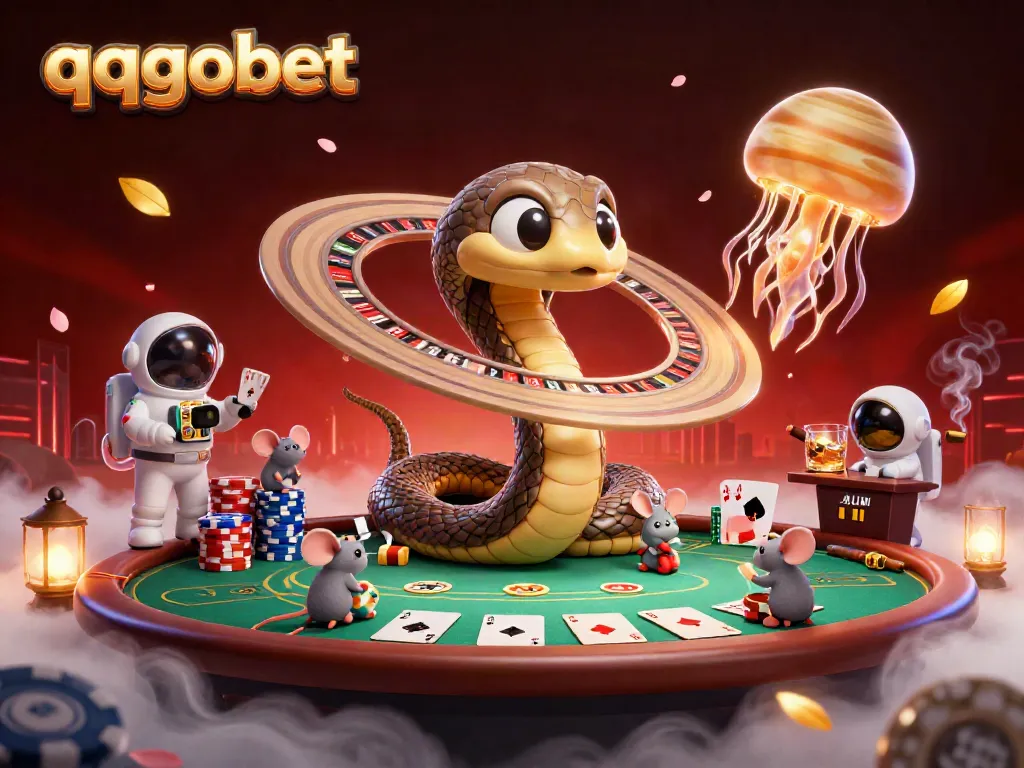 Experience the excitement of qqgobet as cartoon characters engage in a cosmic gambling scene.