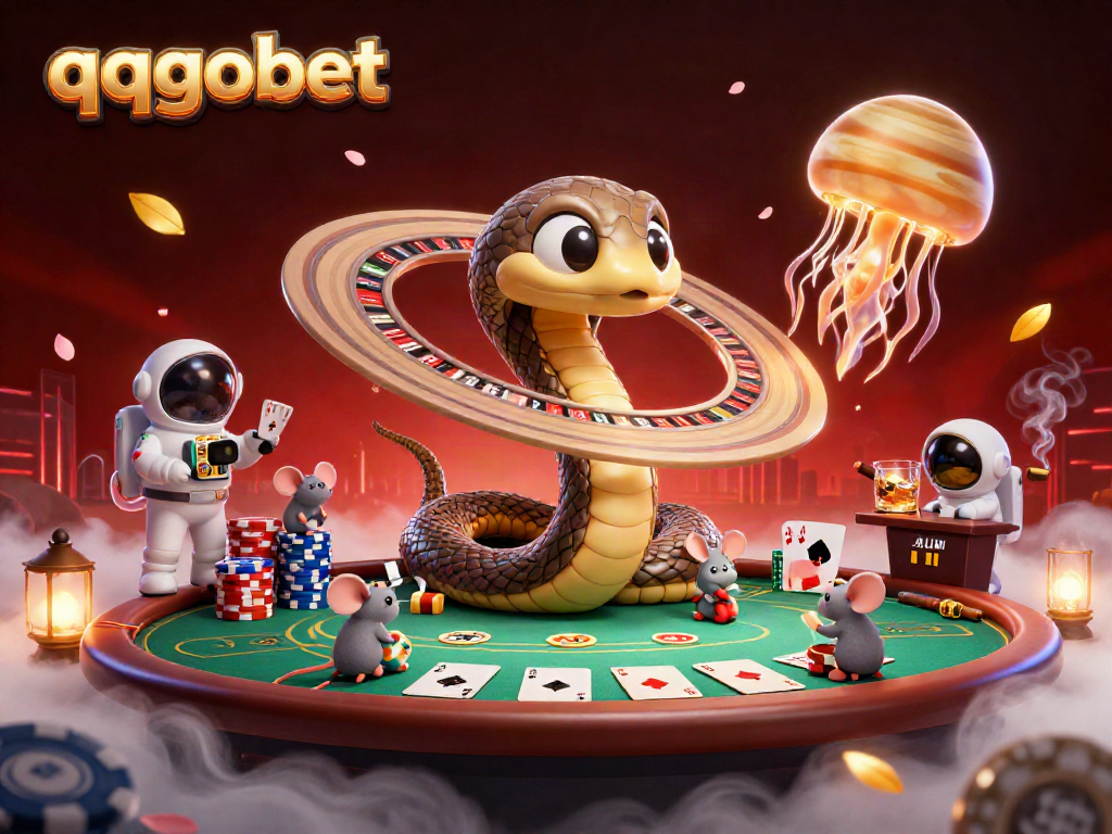 Experience the excitement of qqgobet as cartoon characters engage in a cosmic gambling scene.