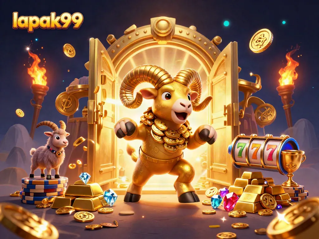 Play thrilling games with lapak99's golden ram breaking through treasure gates in a vibrant casino scene.