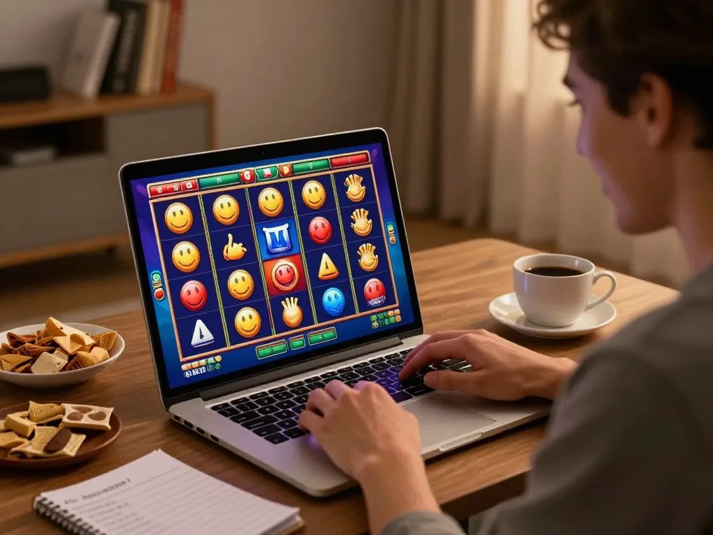 Agen Slot online players enjoying engaging gameplay on a laptop in a cozy home setting with betting notes.