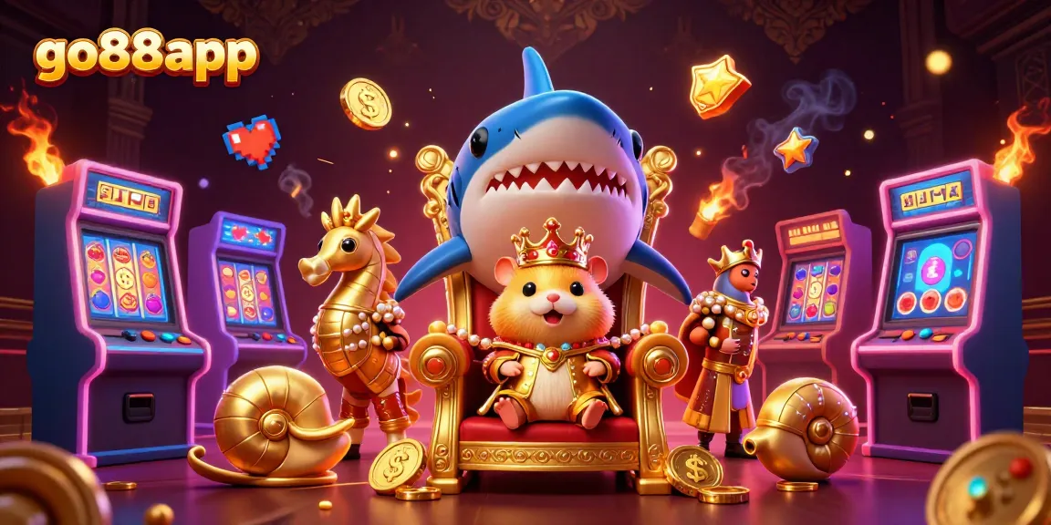 Play on go88app with a dynamic casino scene featuring a golden hamster king and vibrant slot machines.