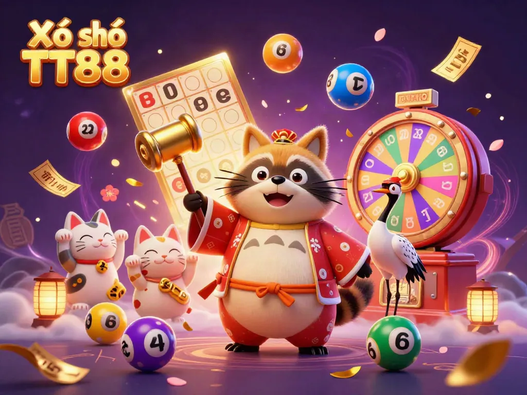 Xổ số TT88 features a cheerful tanuki and crane lottery winners, surrounded by colorful bouncing lottery balls and prizes.