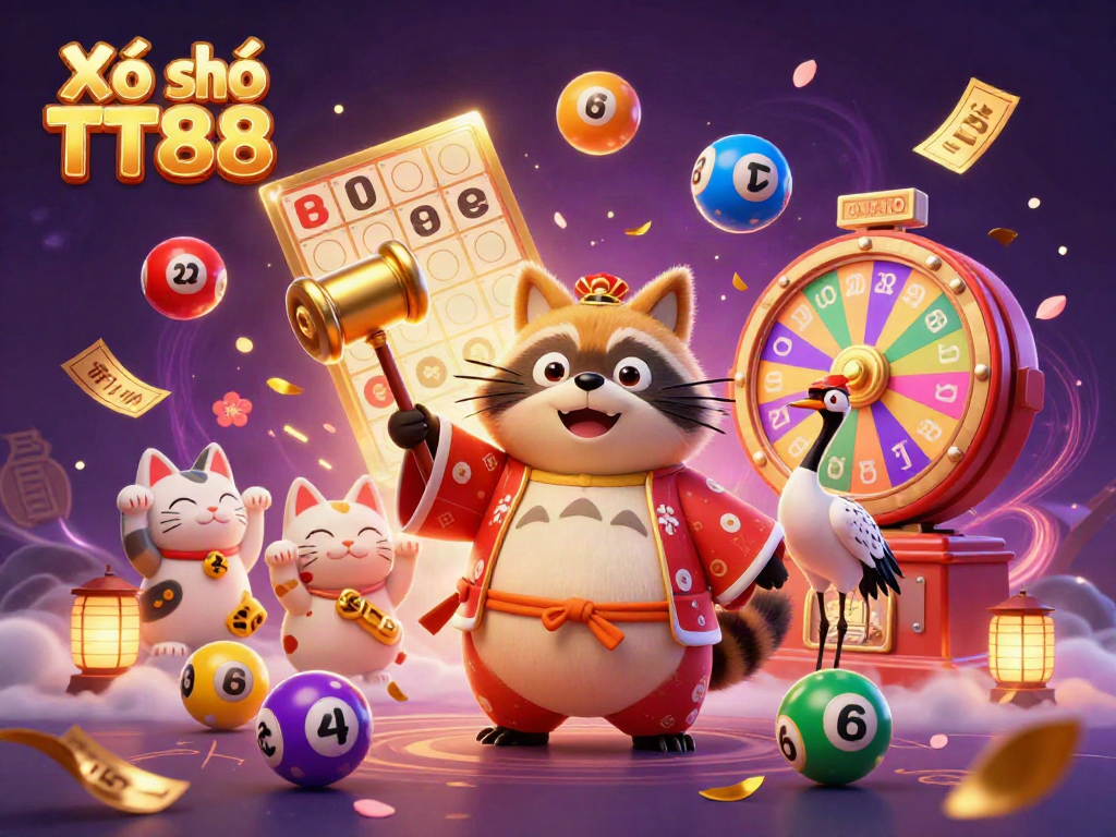 Xổ số TT88 features a cheerful tanuki and crane lottery winners, surrounded by colorful bouncing lottery balls and prizes.