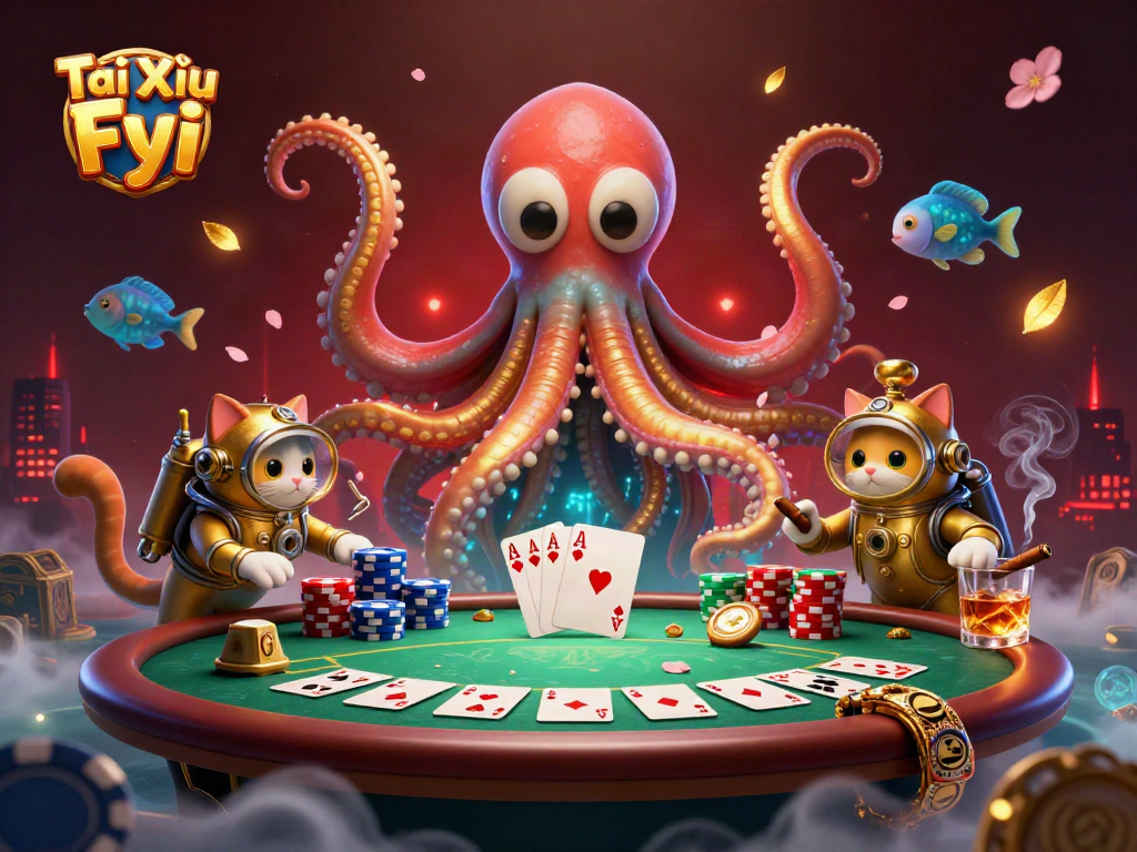 Tài Xỉu Fyi captures thrilling poker action with kraken, diving cat, and vibrant casino elements.