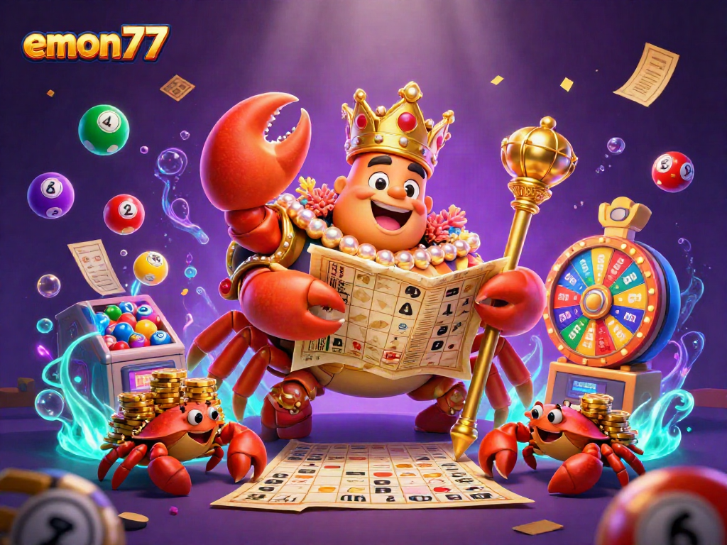 Engage with emon77's thrilling gaming atmosphere, featuring lively characters and dynamic casino elements.