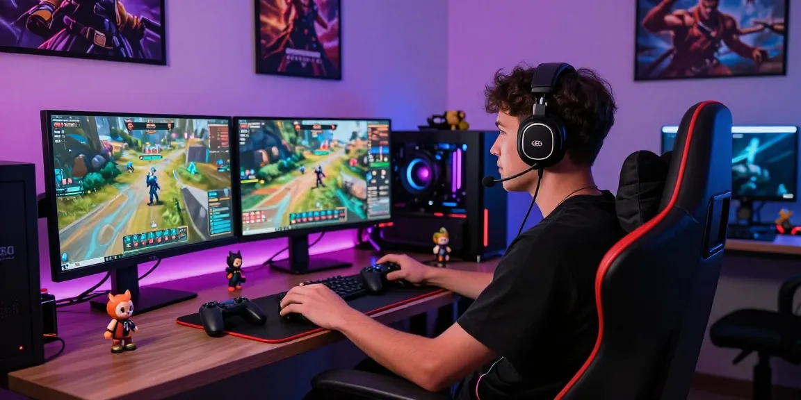 ภาพของนักเล่นเกมที่นั่งอยู่ในสถานที่เล่นเกมที่มีสีสัน โดยมี playme8 saba ในจอแสดงผลที่หลากหลาย