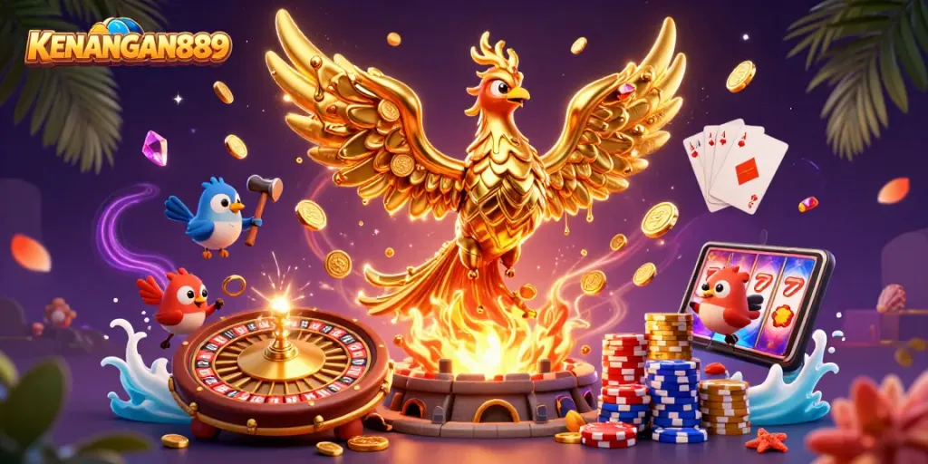 Experience KENANGAN889 with a majestic golden phoenix, dynamic casino elements, and vibrant gaming action.